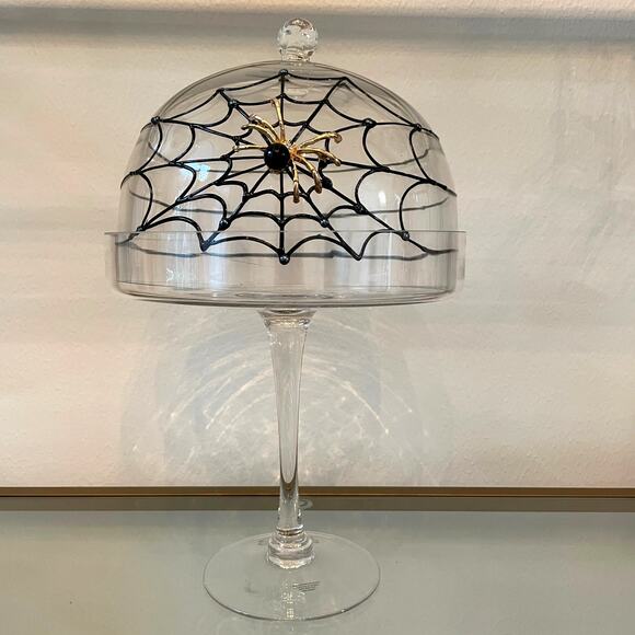 Gorgeous Halloween Glass Cloche 15in Jeweled Spider on Web Cake Dome Pedestal - Picture 7 of 10
